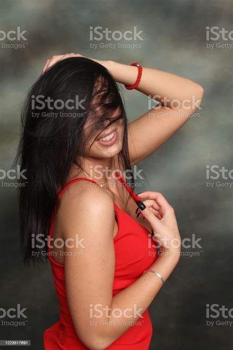 Beautiful Fancy Glamourous Caucasian Girl With Black Hair Posing In