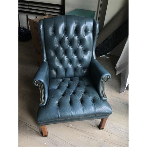 Blue Green Leather Tufted Wingback Chair Aptdeco