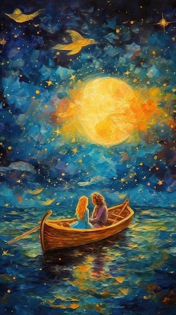 Una Pintura De Una Pareja En Un Bote En El Agua Con La Luna Al Fondo