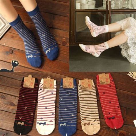 Lovely Colorful Cartoon Womens Cotton Socks Ankle High Stripe Footprint