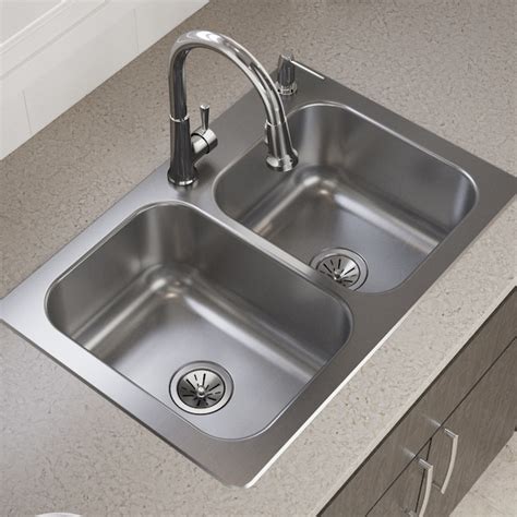 Elkay Dual-mount 33-in x 22-in Satin Stainless Steel Double Equal Bowl 2-Hole Kitchen Sink in ...