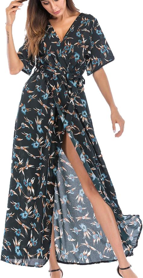 Cherfly Women Floral Maxi Dress Split Beach Flowy Party Chiffon Long Dresses With