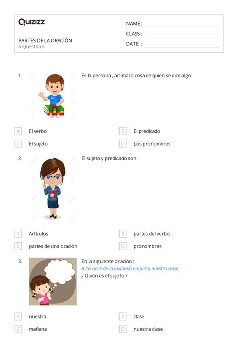 Partes De La Oraci N Hojas De Trabajo Para Grado En Quizizz