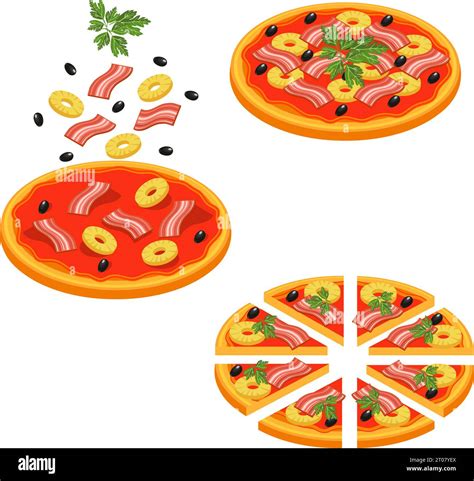 Colored Pizza Sliced Isometric Icon Set With Stages Of Pizza Making