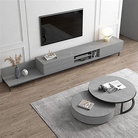 Minimalist Grey TV Stand Stone Top Retracted Extendable Media Console