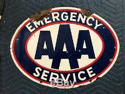 Original Vintage Aaa Emergency Service Sign Porcelain 2 Sided Gas Oil