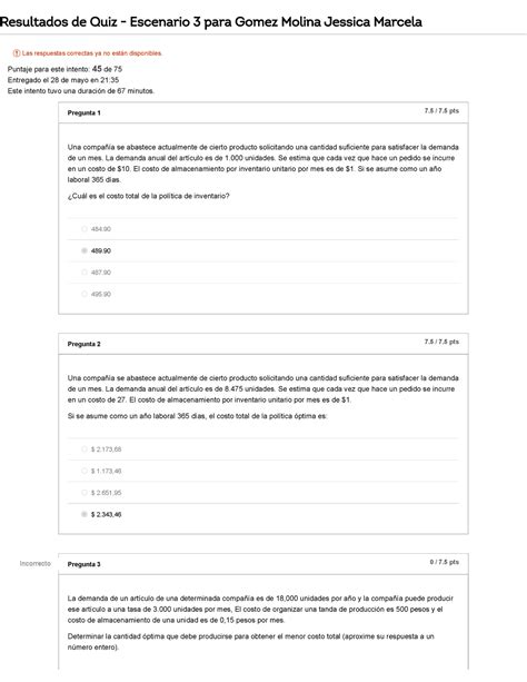 Historial de exámenes para Quiz Escenario 3 Resultados de Quiz