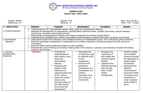 Lesson Plan Mapeh 10 Week 2 Lesson Plan School Year 2023 Subject Mapeh Quarter First