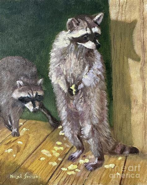 Racoon Caught In Action By Marilyn Nolan Johnson Painting By Marilyn