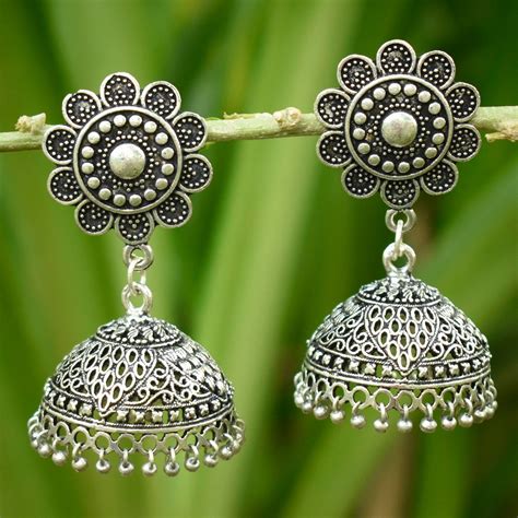 Oxidized Silver Earring Jhumka Flower Stud Jhumka Indian Etsy