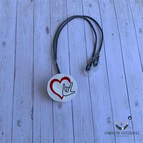 Asl I Love You Sign With Gray Heart Hearing Aid Or Cochlear Implant Leash Retention Cord