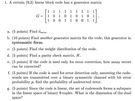 Solved 1 A Certain 93 Linear Block Code Has A Generator