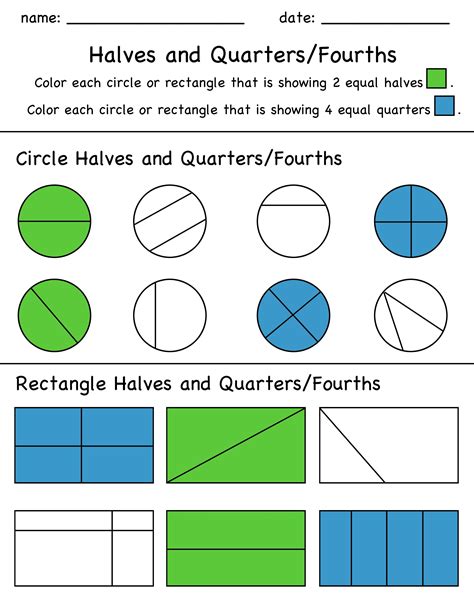 Math Sheet On Halves And Fourths