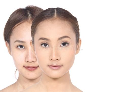 Asian Woman Before And After Make Up Hair Style No Retouch Stock Image Image Of Care