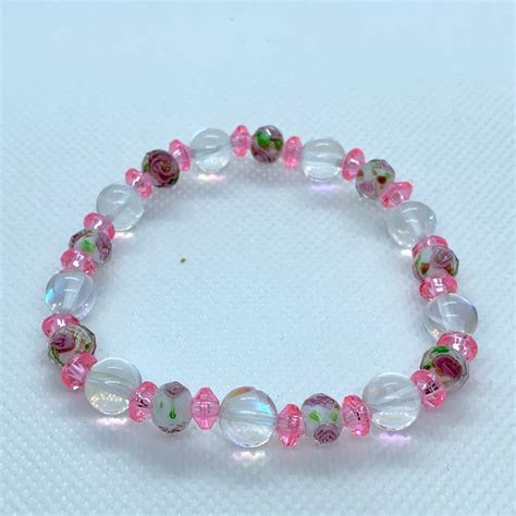 Womens Girls Pink Rose Bead Bracelet Aurora Borealis Finish Etsy