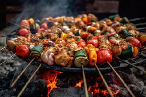 Premium Ai Image Grilled Meat And Vegetables Skewers Generative Ai