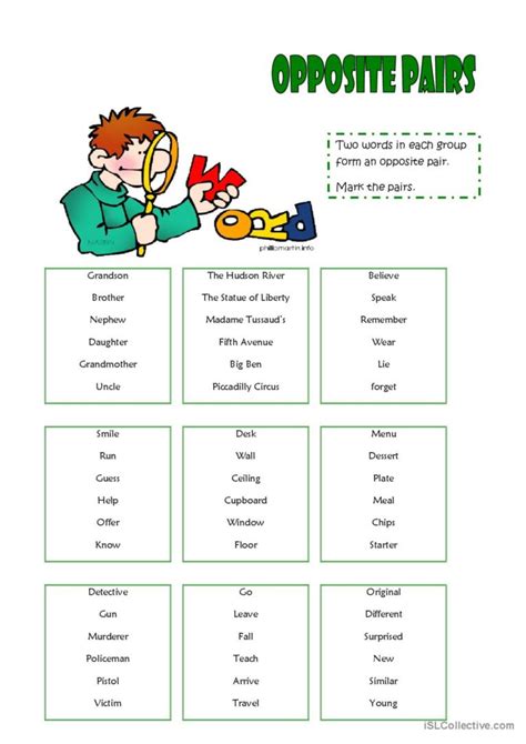 Opposite Pairs Warmer Filler English Esl Worksheets Pdf Doc