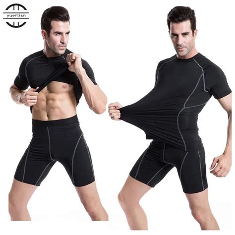 Men Pro Fitness Sets Tight Fitting T Shirt Shorts Cool High Elastic Sweat Quick Dry Wicking