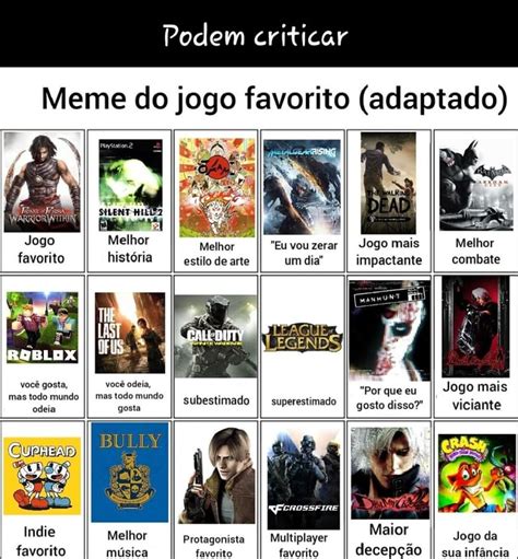 Podem criticar Meme do jogo favorito adaptado Jogo Melhor história