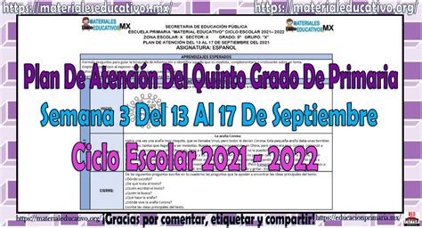 Plan De Atención Del Quinto Grado De Primaria Semana 3 Del 13 Al 17 De Septiembre Del Ciclo