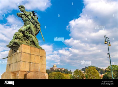 Italy Piedmont Turin Valentino Park Umberto I Bridge Statue And Monte