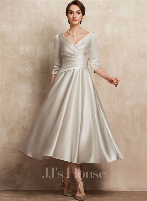 A Line V Neck Tea Length Satin Mother Of The Bride Dress With Pleated