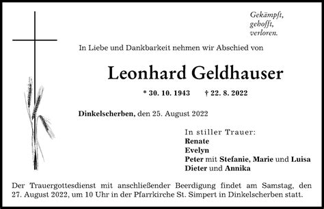 Traueranzeigen Von Leonhard Geldhauser Augsburger Allgemeine Zeitung