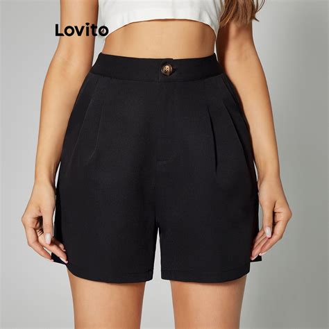 Lovito Casual Shorts Feminino Liso Z Per Lba Preto