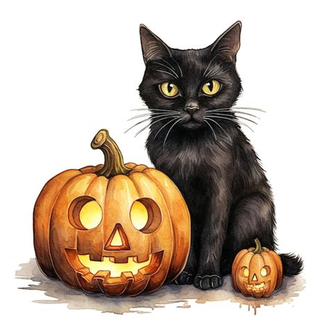 Gato Negro De Halloween Con Ilustraci N Acuarela De Calabaza Foto Premium