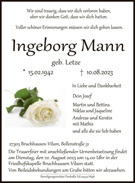 Traueranzeigen Von Ingeborg Mann Trauer Kreiszeitung De