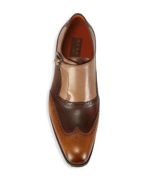 Mezlan Wingtip Toe Leather Monk Strap Shoes In Cognac Brown For Men Lyst