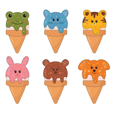 Collection Of Cheerful Friendly Animal Shaped Ice Creams Kawaii