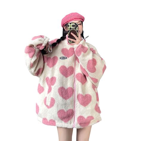 Women S Fleece Sherpa Jackets Reversible Kawaii Heart Print Fuzzy Zip