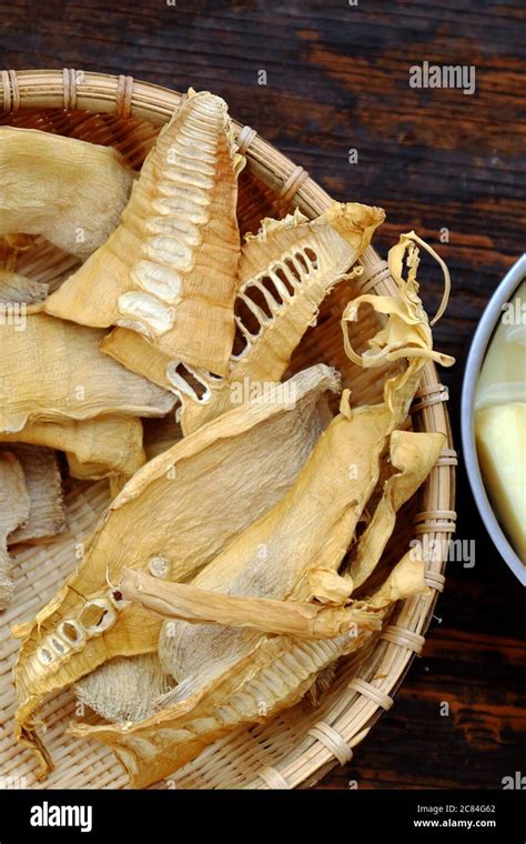 Top View Dried Bamboo Shoots On Wooden Background Raw Material For