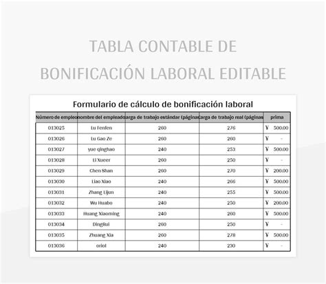 Plantilla De Excel Tabla Contable De Bonificaci N Laboral Editable Y