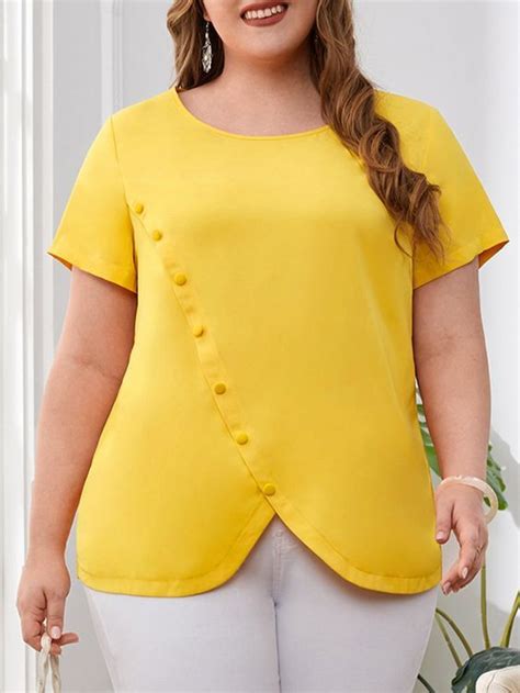 Yellow Casual Short Sleeve Polyester Plain Top Embellished Non Stretch