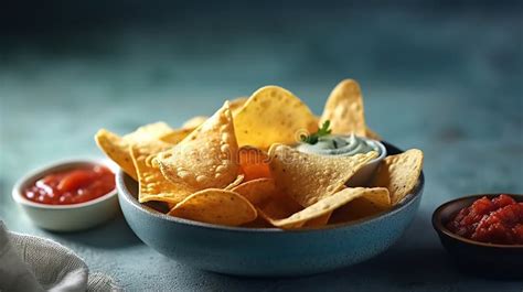 Nachos Chips in Bowl with Sauces, AI Generated Image Stock Photo - Image of bowl, tortilla ...