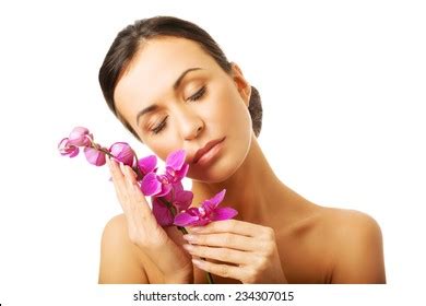 Naked Woman Purple Orchid Closed Eyes Stock Photo Shutterstock