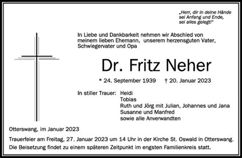 Traueranzeigen Von Fritz Neher Schwaebische De Trauerportal