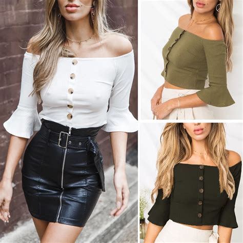 2018 Female Strapless Shoulder Exposed Navel Slim Sexy Slim Solid T Shirt Horn Sleeve Sexy Top