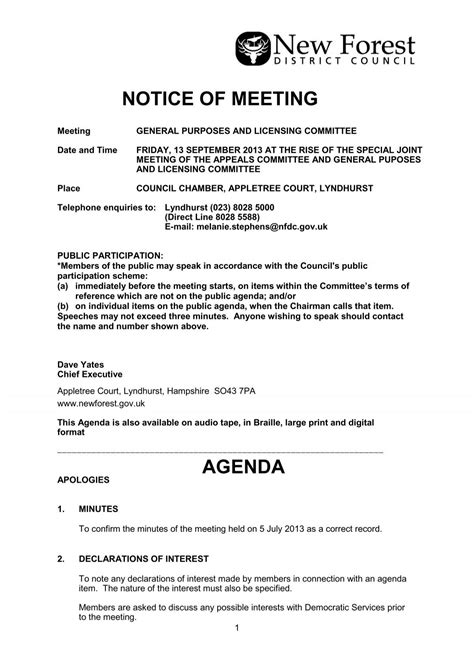 Notice Of Meeting Agenda New Forest District Council