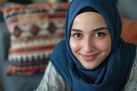 Premium Photo Portrait Of Attractive Young Woman With Hijab Smiling To Camera While Sitting On