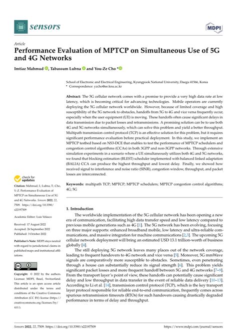 Pdf Performance Evaluation Of Mptcp On Simultaneous Use Of 5g And 4g