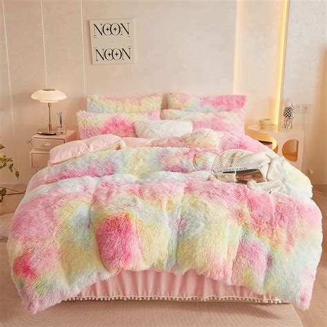 Fluffy Tie Dye Comforter Cover Queen Set，faux Fur Tie Dye Comforter Set 3 Pieces1