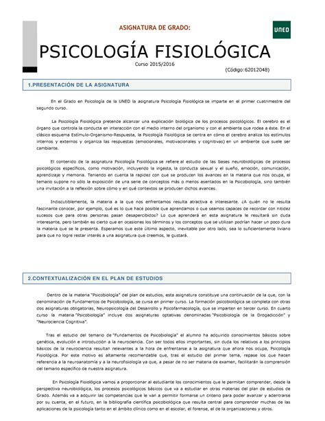 Uned Psicolog A Fisiologica Asignatura De Grado Psicolog A