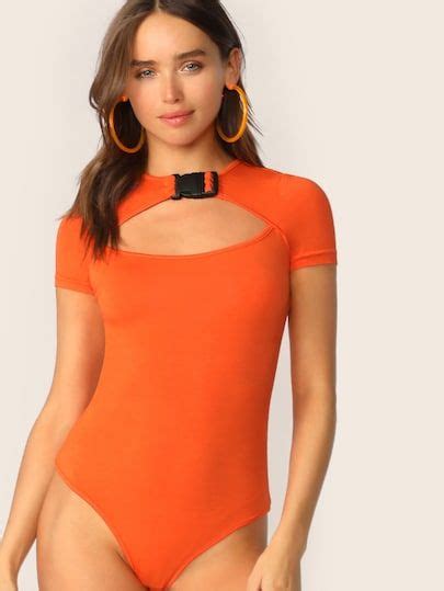 Neon Orange Push Buckle Neck Cutout Front Bodysuit