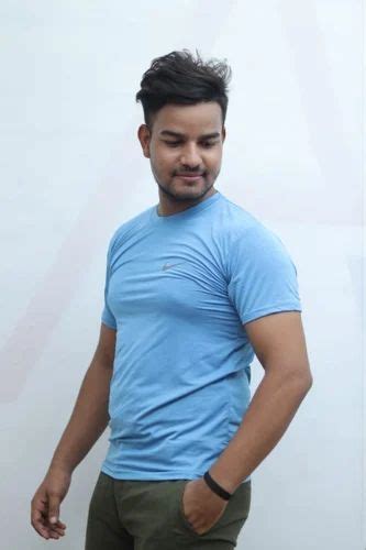 Logo Print Men Sky Blue Polyester T Shirt Large Round Neck At Rs 90