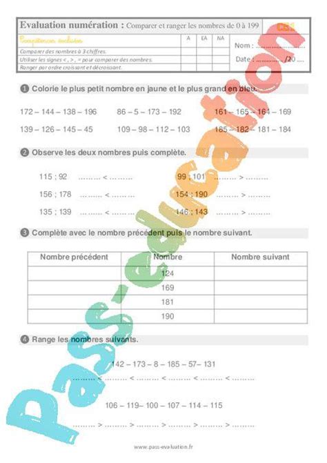 Evaluation Avec Le Corrig Pour Le Ce Comparer Et Ranger Les Nombres