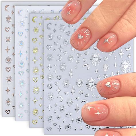 Amazon 3D Silver Metallic Nail Stickers For Women Star Moon Sun