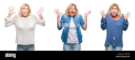 Collage de belle femme blonde d âge moyen sur fond blanc fond isolé célébrant la folie et étonné